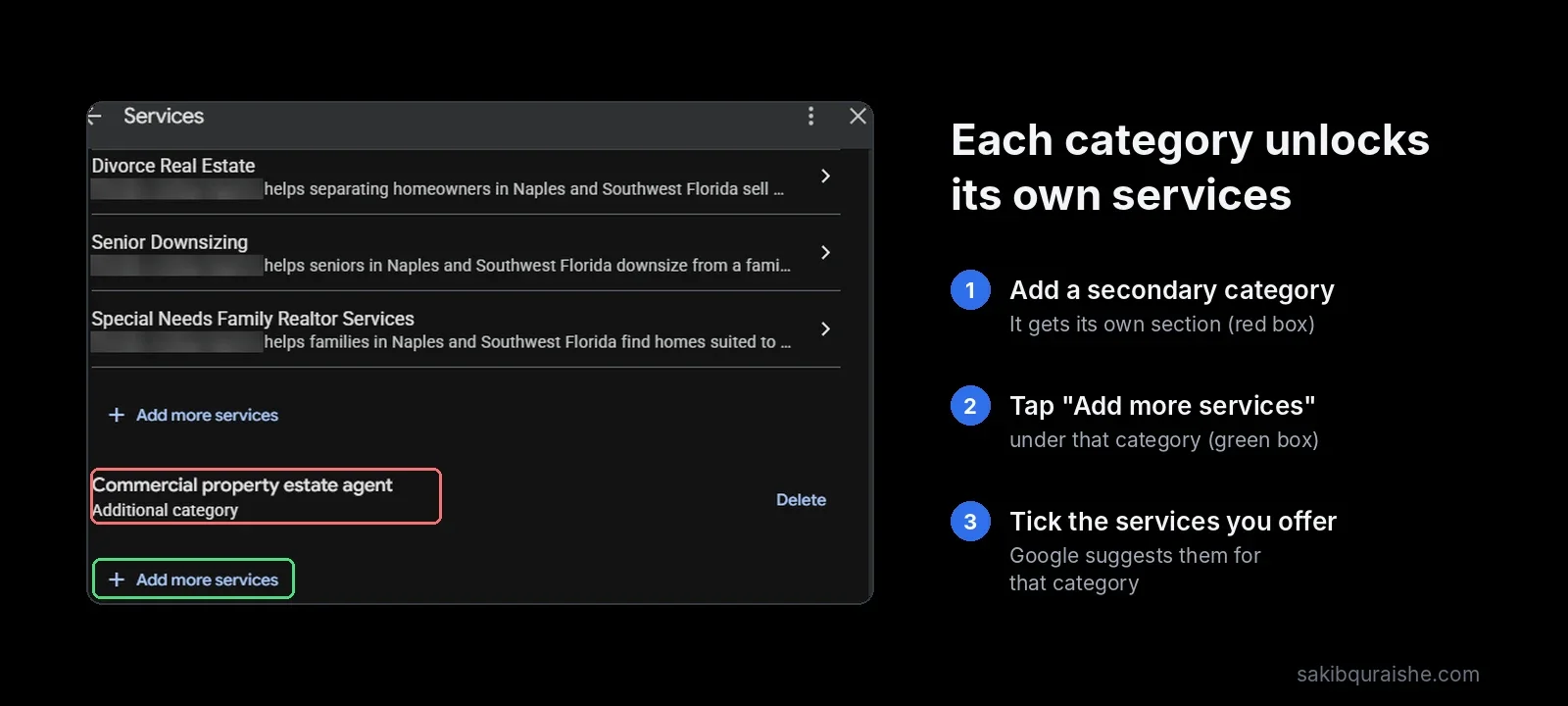 Google Business Profile services panel showing an additional category with its own Add more services button