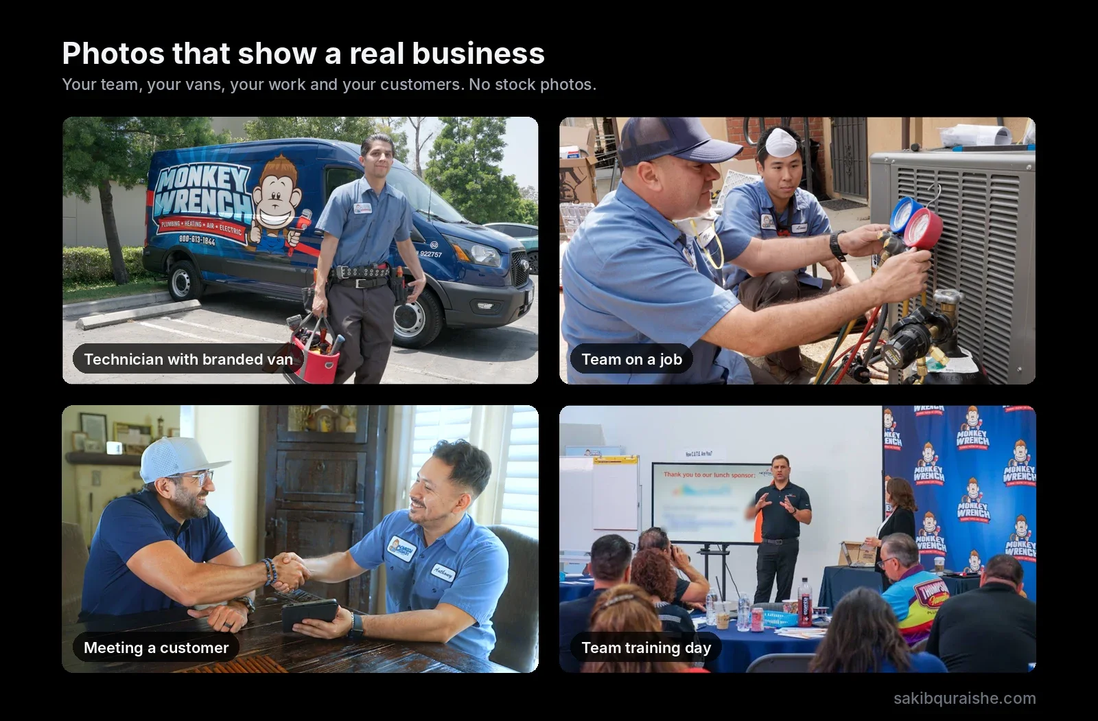 Four real service business photos for a Google Business Profile: technician with branded van, team on a job, meeting a customer and a team training day