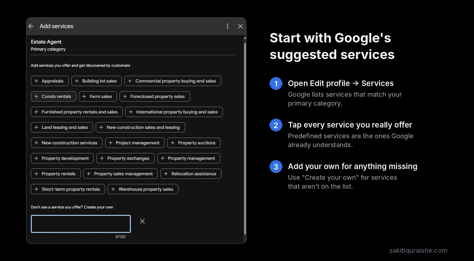 Google Business Profile Add services panel showing predefined services for the primary category, with a box to create a custom service
