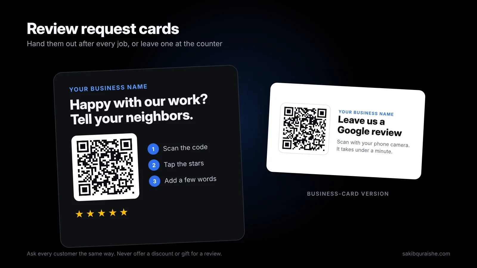 Two Google review request cards with a QR code: a counter card with three steps and a business card version