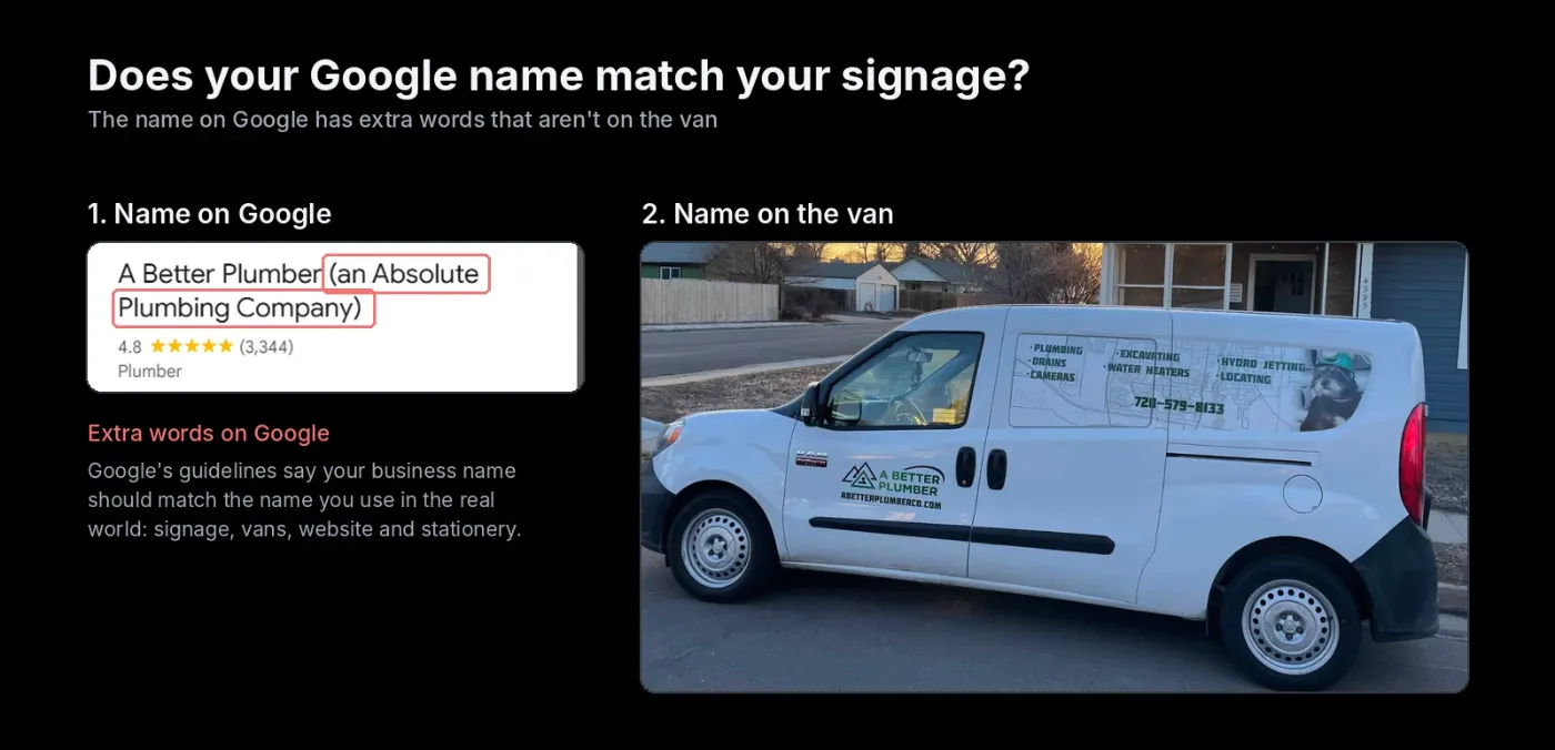 A plumber’s Google Business Profile name with extra words that do not appear on the business’s branded van