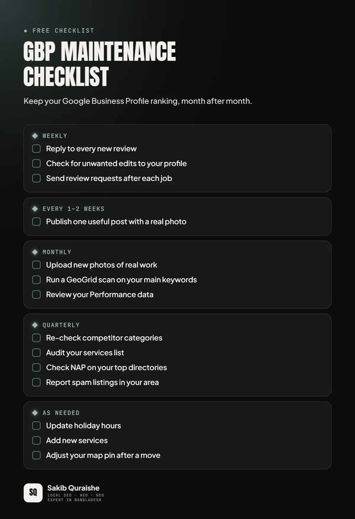 Printable Google Business Profile maintenance checklist with weekly, monthly, quarterly and as-needed tasks