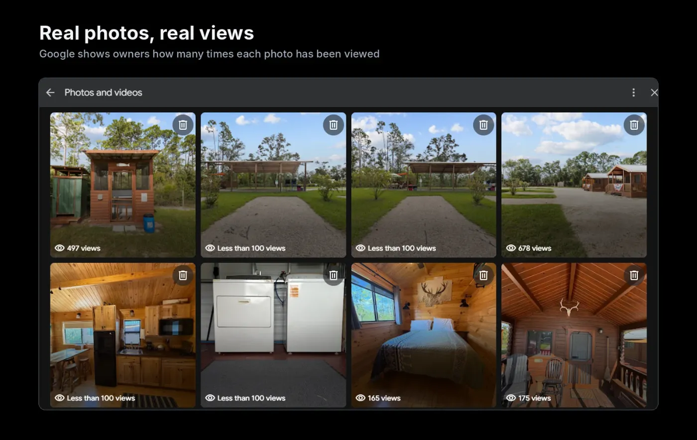 Google Business Profile photos and videos panel showing real property photos with view counts for each image