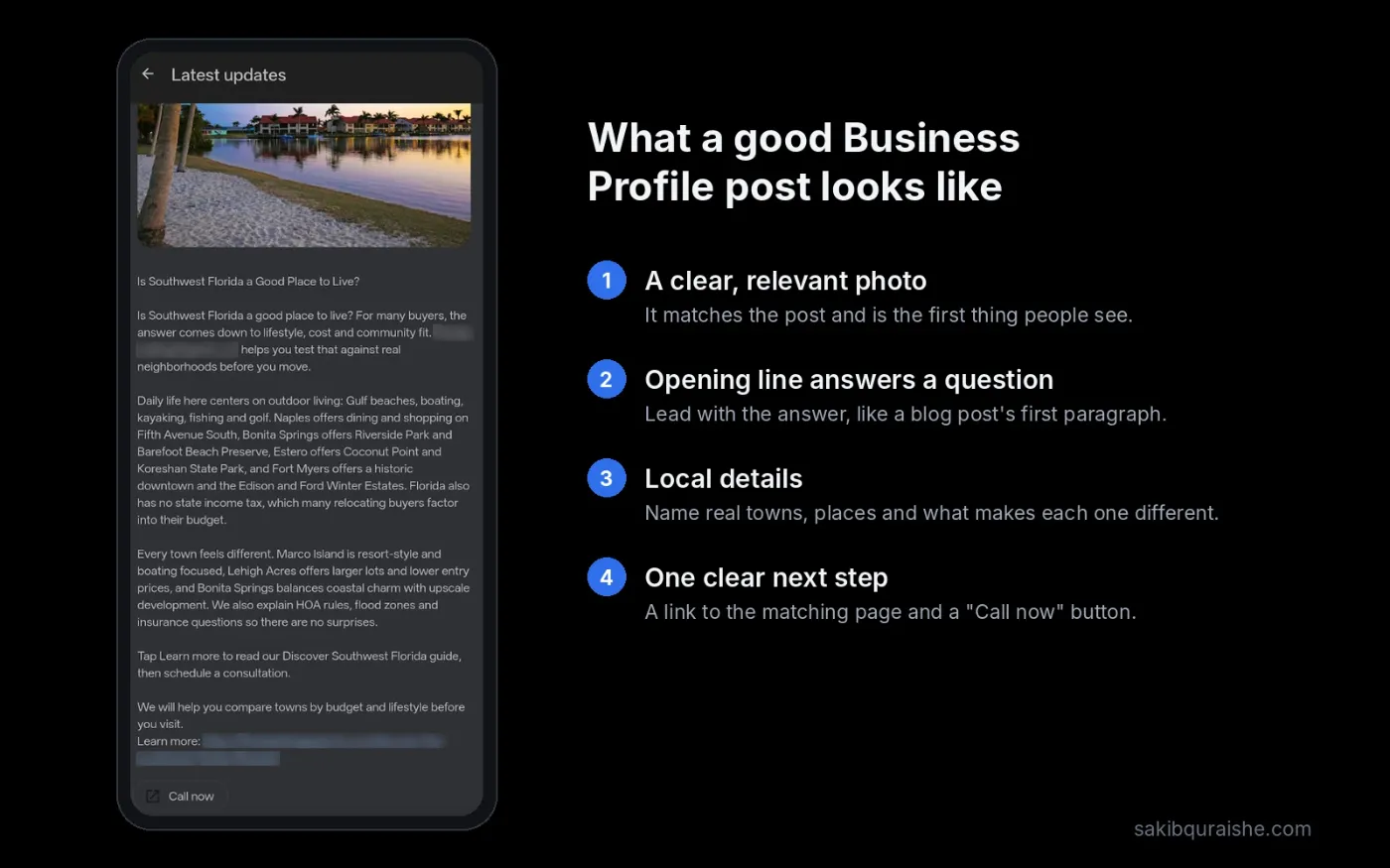 Example Google Business Profile post with a relevant photo, an answer-first opening line, local details and a Call now button
