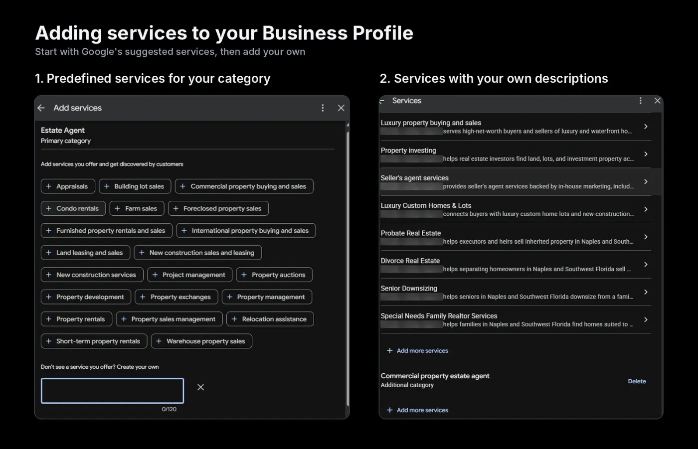 Google Business Profile Add services screen with predefined services for an estate agent, next to custom services with their own descriptions