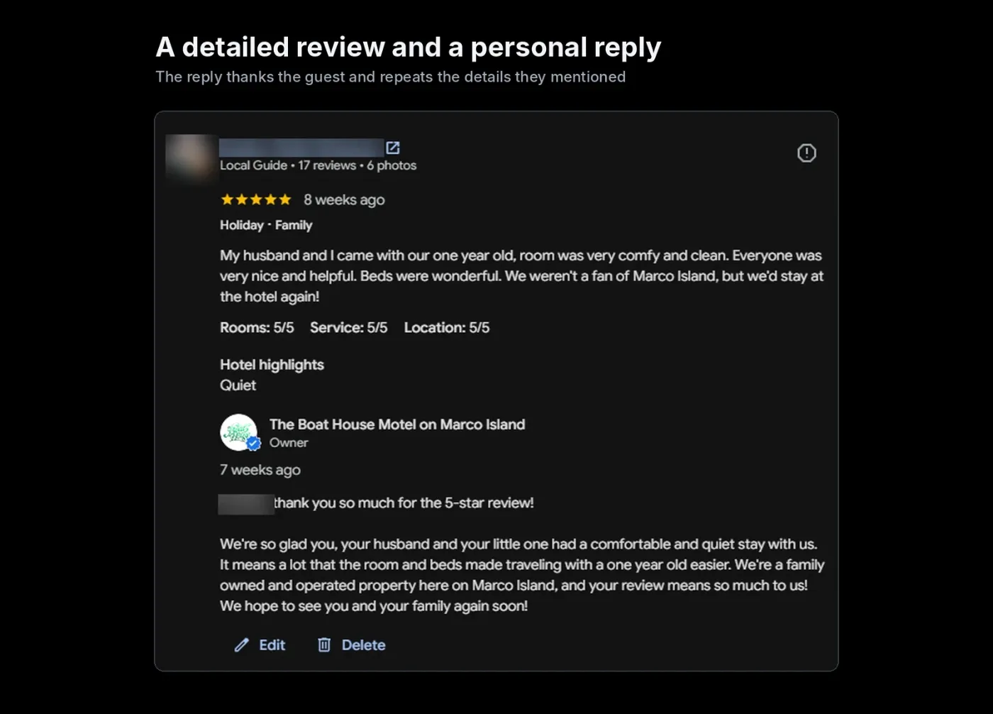 A detailed five-star Google review from a family guest with a personal owner reply that mentions the details from the review