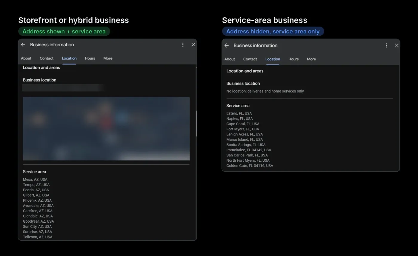 Google Business Profile location settings compared: a storefront showing its address plus service areas, and a service-area business with the address hidden