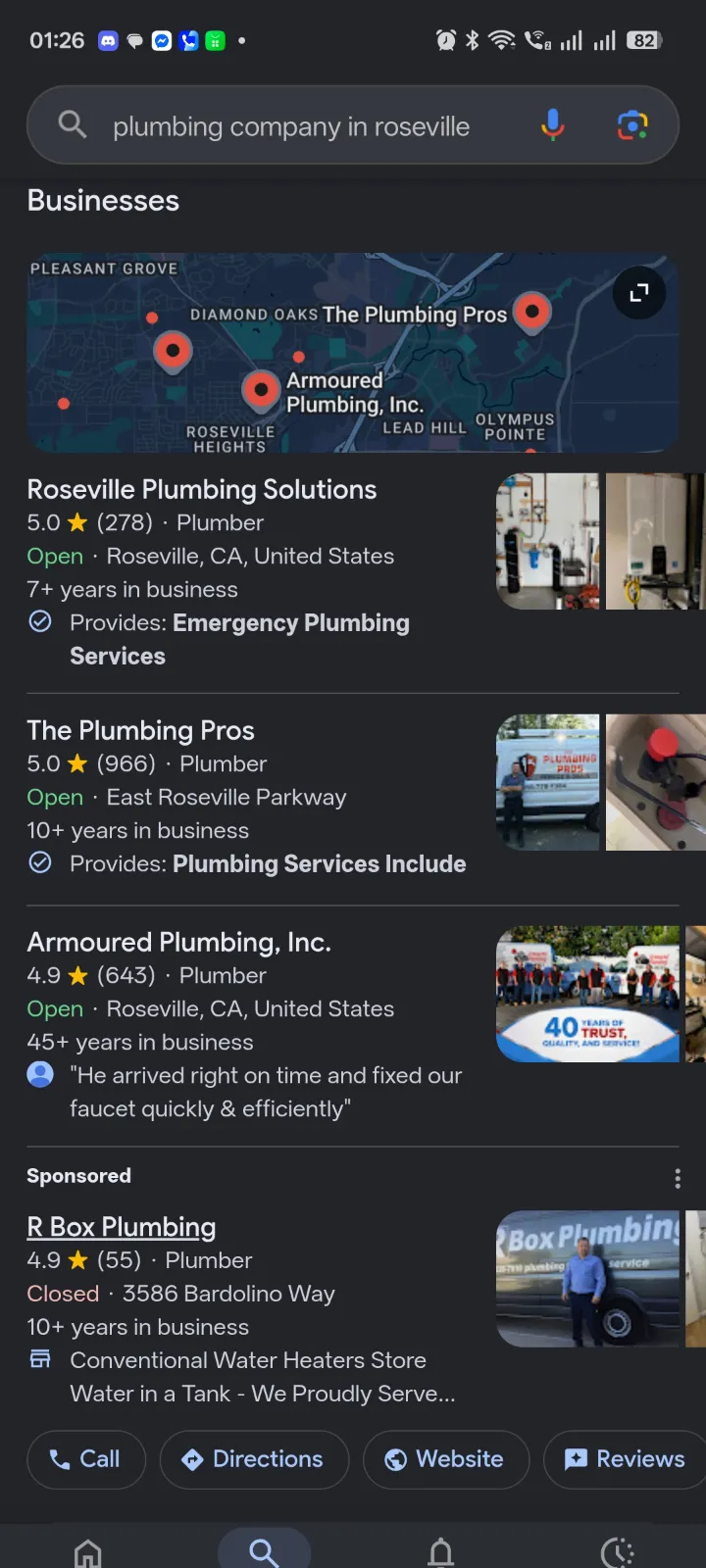 Google mobile search for plumbing company in Roseville showing the local map pack with three plumbers, their ratings, categories, opening status and years in business