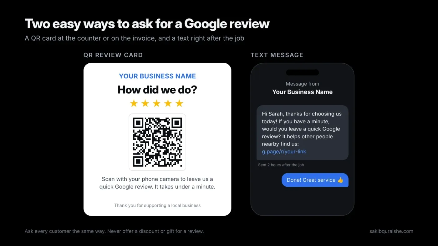 Two ways to ask for a Google review: a printed QR review card and a text message with a direct review link