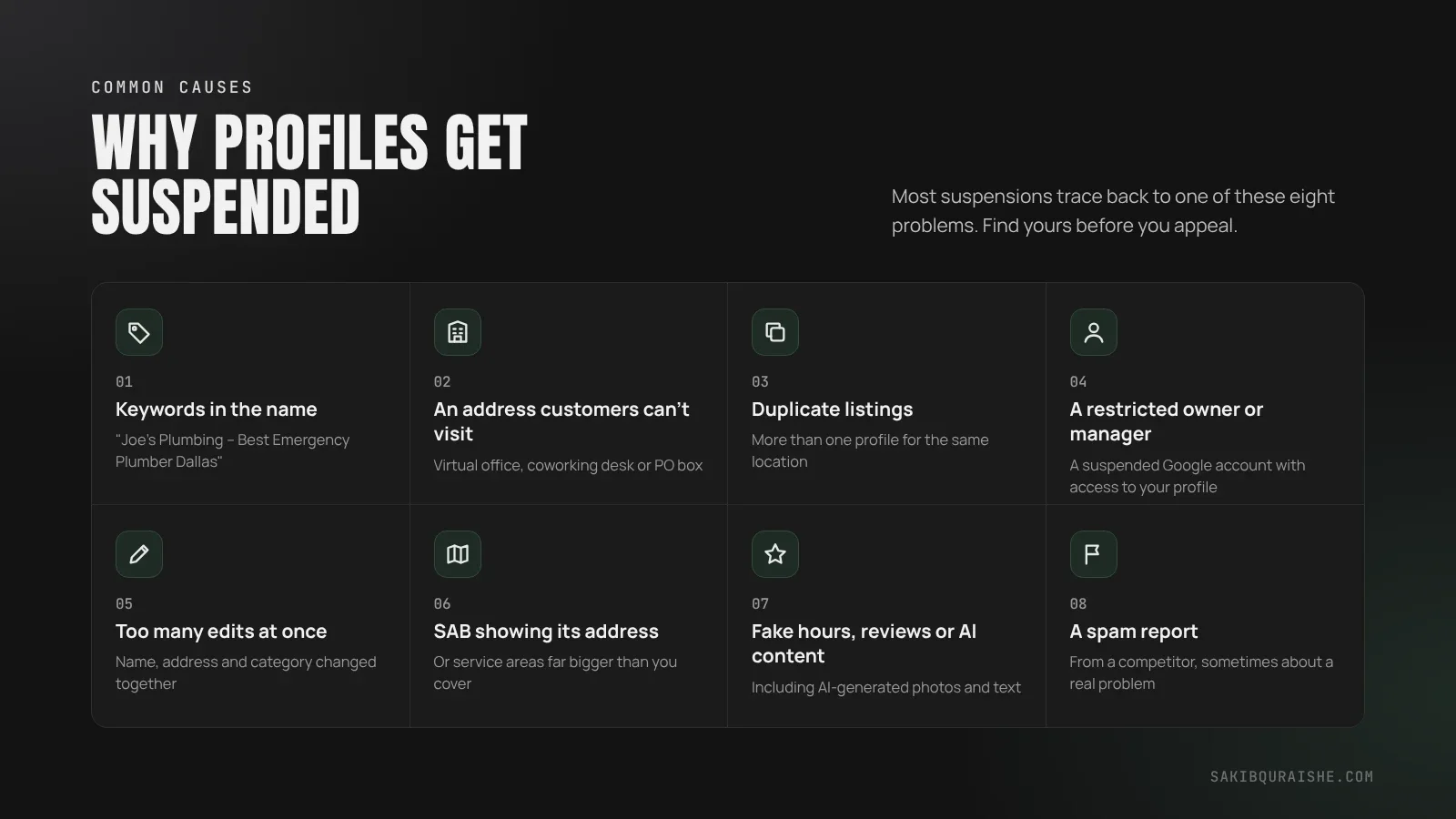 Eight common reasons a Google Business Profile gets suspended, including keywords in the name, an address customers cannot visit, duplicate listings and too many edits at once