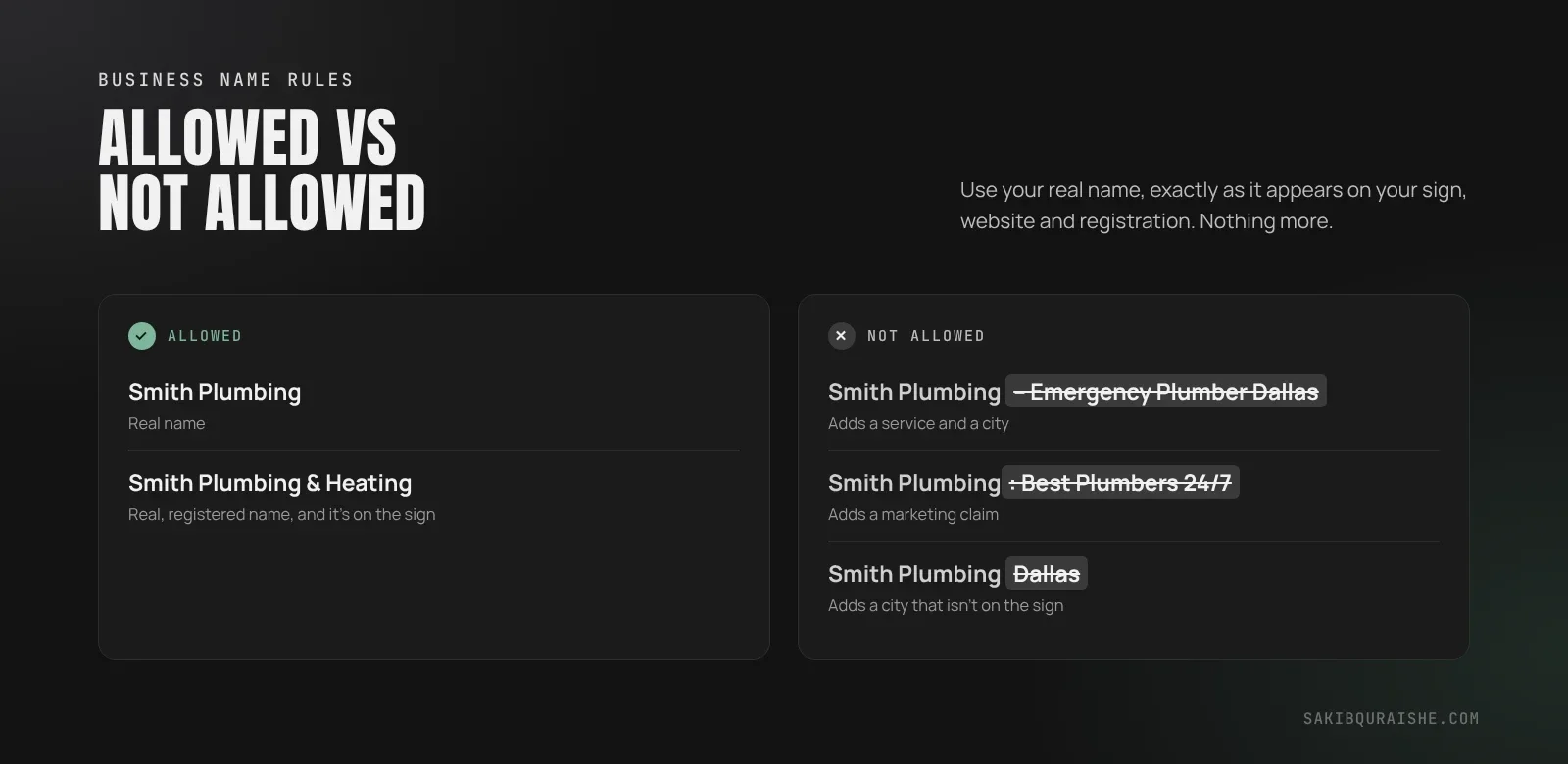 Google Business Profile name rules: allowed names like Smith Plumbing and Smith Plumbing & Heating, versus names with added services, cities or marketing claims that are not allowed