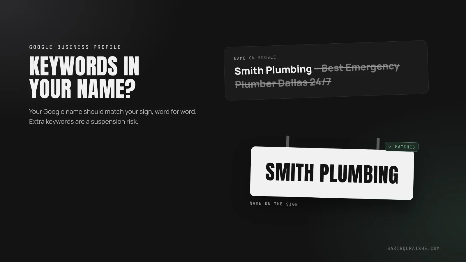 Keywords in your Google Business Profile name: extra keywords crossed out so the Google name matches the business sign