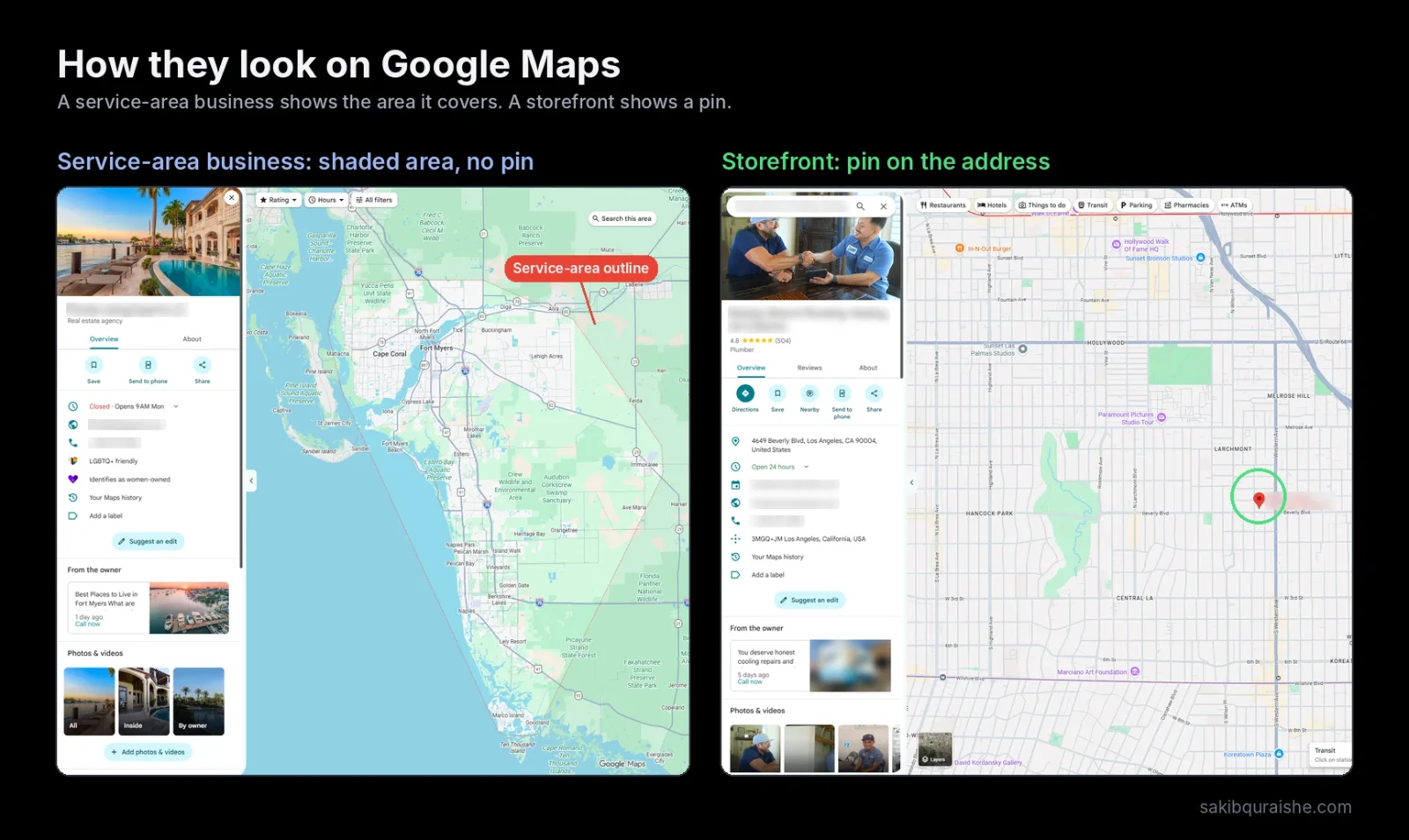 Two Google Maps listings side by side: a service-area business showing a shaded service-area outline with no pin, and a storefront showing a pin on its address